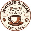 The logo of Whisker and Bean Cat Cafe in Fargo North Dakota Featuring a depiction of a cafe espresso coffee beverage and a grinning cat